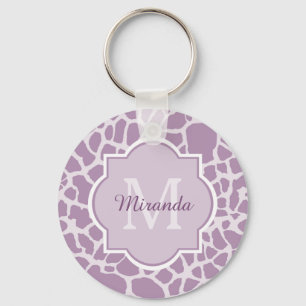 Chic Purple Giraffe Print With Monogram and Name Key Ring