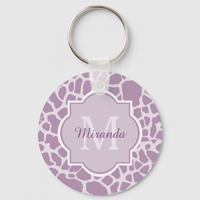 Chic Purple Giraffe Print With Monogram and Name Key Ring (Front)