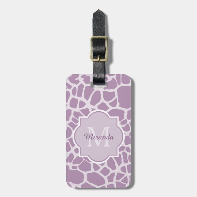 Chic Purple Giraffe Print With Monogram and Name Luggage Tag (Front Vertical)