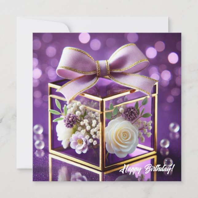 Chic purple glass floral gift gold chiffon bow holiday card (Front)