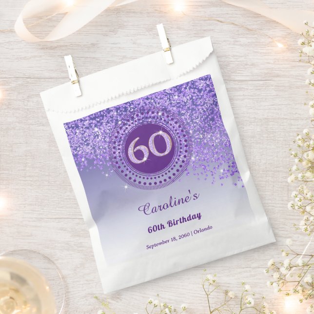 Chic Purple Glitter & Dotted Frame 60th Birthday Favour Bag (Clipped)