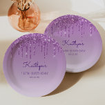 Chic Purple Glitter Drip 16th Birthday Party Paper Plate<br><div class="desc">These chic,  elegant 16th birthday party paper plates feature a sparkly purple faux glitter drip border and purple ombre background. Personalise them with the guest of honour's name in purple handwriting script,  with her birthday and date below in sans serif font.</div>