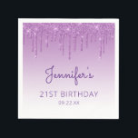 Chic Purple Glitter Drip 21st Birthday Party Napkin<br><div class="desc">These chic 21st birthday party paper napkins feature a sparkly purple faux glitter drip border and purple ombre background. Personalise them with the guest of honour's name in purple handwriting script,  with her birthday and date below in sans serif font.</div>
