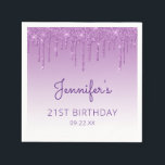 Chic Purple Glitter Drip 21st Birthday Party Napkin<br><div class="desc">These chic 21st birthday party paper napkins feature a sparkly purple faux glitter drip border and purple ombre background. Personalise them with the guest of honour's name in purple handwriting script,  with her birthday and date below in sans serif font.</div>