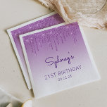 Chic Purple Glitter Drip 21st Birthday Party Napkin<br><div class="desc">These chic,  feminine 21st birthday party paper napkins feature a sparkly purple faux glitter drip border and purple ombre background. Personalise them with the guest of honour's name in purple handwriting script,  with her birthday year and date below in sans serif font.</div>