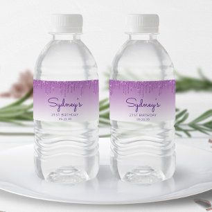 Chic Purple Glitter Drip 21st Birthday Party Water Bottle Label