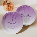 Chic Purple Glitter Drip 30th Birthday Party Paper Plate<br><div class="desc">These chic,  elegant 30th birthday party paper plates feature a sparkly purple faux glitter drip border and purple ombre background. Personalise them with the guest of honour's name in purple handwriting script,  with her birthday and date below in sans serif font.</div>