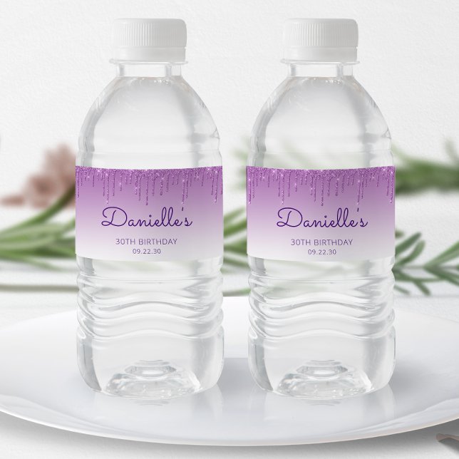 Chic Purple Glitter Drip 30th Birthday Party Water Bottle Label (Creator Uploaded)