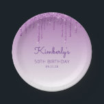 Chic Purple Glitter Drip 50th Birthday Party Paper Plate<br><div class="desc">These chic,  elegant 50th birthday party paper plates feature a sparkly purple faux glitter drip border and purple ombre background. Personalise them with the guest of honour's name in purple handwriting script,  with her birthday and date below in sans serif font.</div>