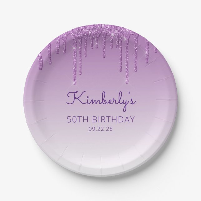 Chic Purple Glitter Drip 50th Birthday Party Paper Plate (Front)