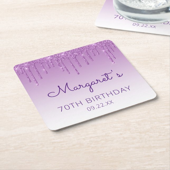 Chic Purple Glitter Drip 70th Birthday Party Square Paper Coaster (Angled)