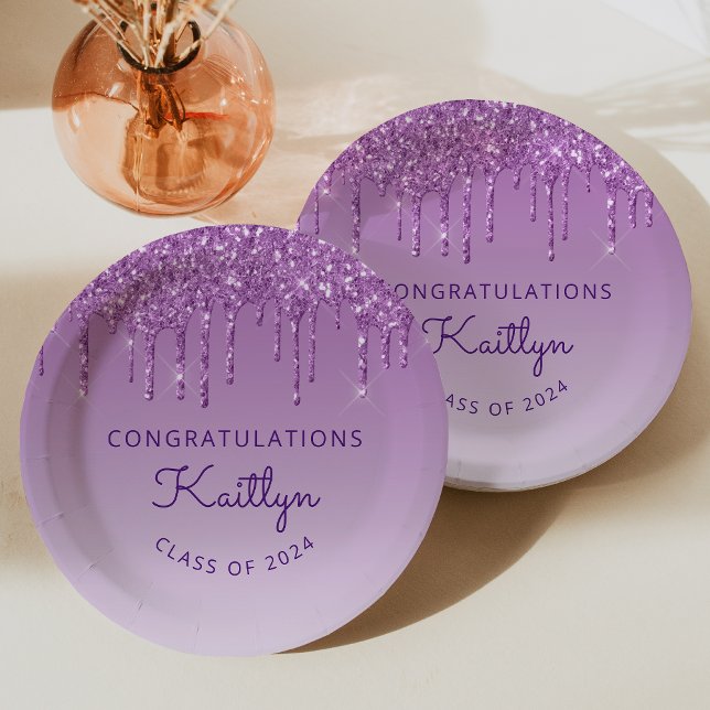 Chic Purple Glitter Drip Class Graduation Party Paper Plate (Creator Uploaded)
