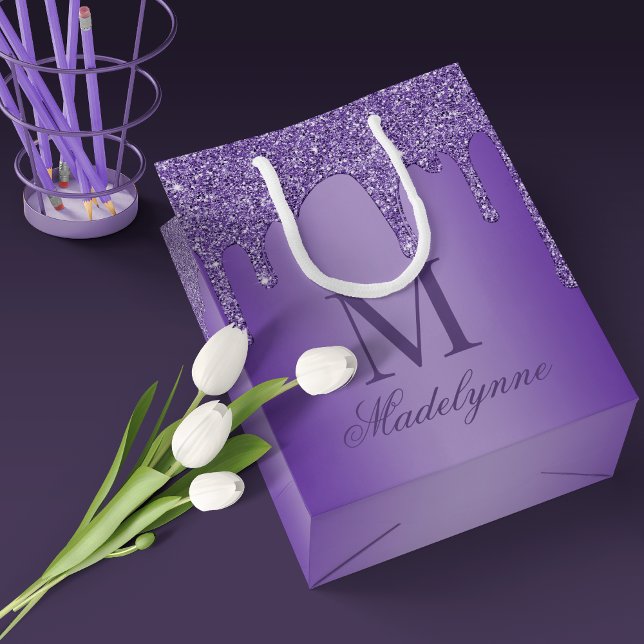 Chic Purple Glitter Drips Monogram Small Gift Bag (Creator Uploaded)