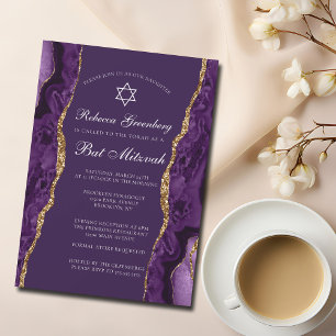 Chic Purple Gold Agate Bat Mitzvah Party Invitation