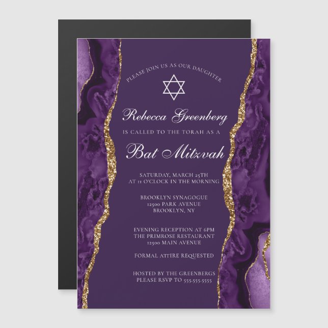 Chic Purple Gold Agate Bat Mitzvah Party Magnetic Invitation (Front/Back)