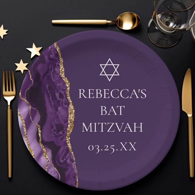 Chic Purple Gold Agate Bat Mitzvah Party Paper Plate (Creator Uploaded)
