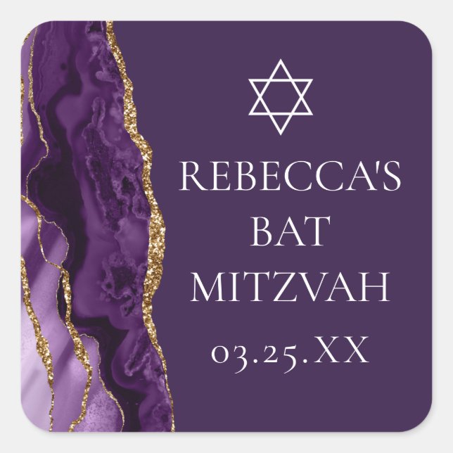 Chic Purple Gold Agate Bat Mitzvah Party Square Sticker (Front)