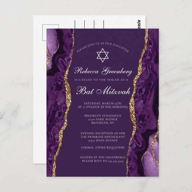 Chic Purple Gold Bat Mitzvah Party Invitation Postcard (Front/Back)