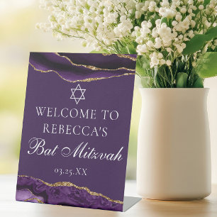 Chic Purple Gold Bat Mitzvah Party Welcome Pedestal Sign