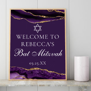 Chic Purple Gold Bat Mitzvah Party Welcome Poster