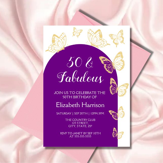 Chic Purple Gold Butterfly Fabulous  Birthday Invitation (Creator Uploaded)