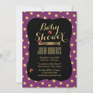 Chic Purple & Gold Dots Ladybugs Baby Shower Invitation