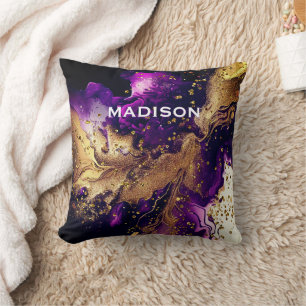 Chic purple gold faux glitter marbling monogram cushion