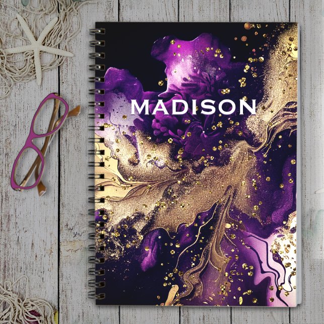 Chic purple gold faux glitter marbling monogram notebook (Creator Uploaded)