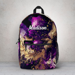 Chic purple gold faux glitter marbling monogram printed backpack