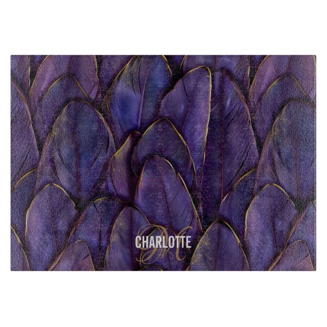 Chic purple gold feathers monogram name cutting board (Front)
