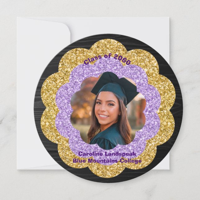 Chic Purple Gold Floral Photo Graduation Party Invitation (Front)