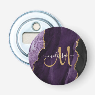 Chic Purple Gold Glitter Agate Custom Monogram Bottle Opener