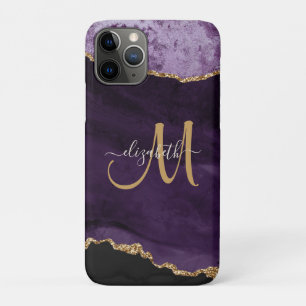 Chic Purple Gold Glitter Agate Custom Monogram iPhone 11 Pro Case
