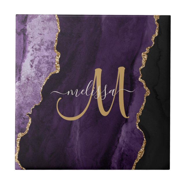 Chic Purple Gold Glitter Agate Custom Monogram Ceramic Tile (Front)