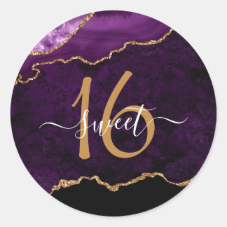Chic Purple Gold Glitter Agate Custom Monogram Classic Round Sticker