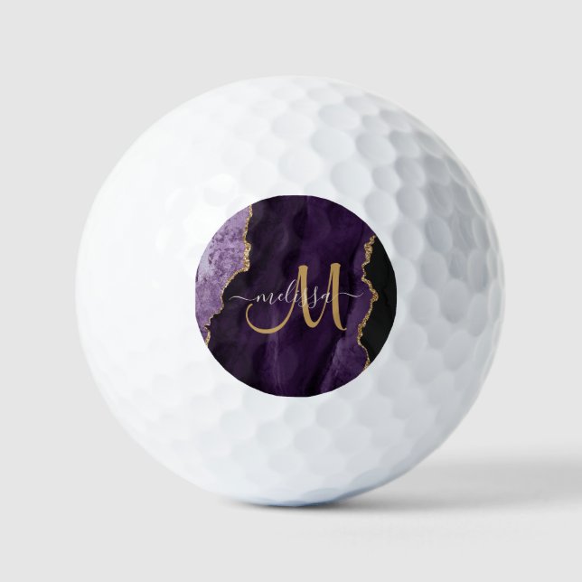 Chic Purple Gold Glitter Agate Custom Monogram Golf Balls (Front)