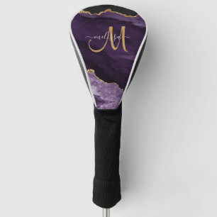 Chic Purple Gold Glitter Agate Custom Monogram Golf Head Cover