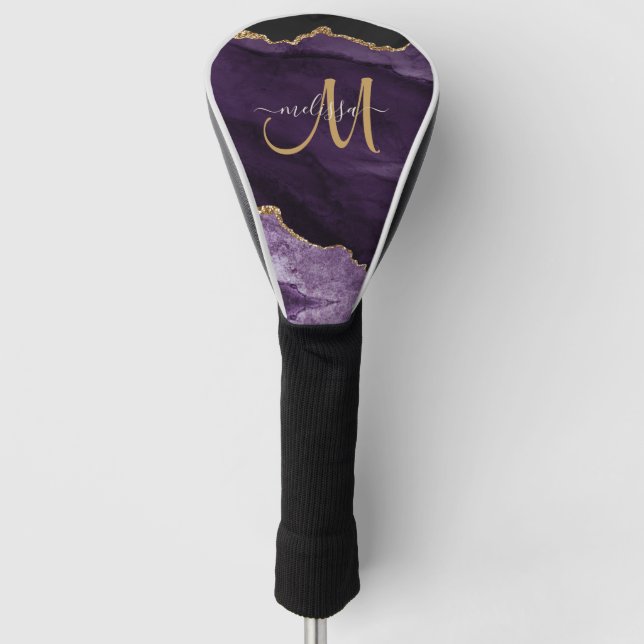 Chic Purple Gold Glitter Agate Custom Monogram Golf Head Cover (Front)
