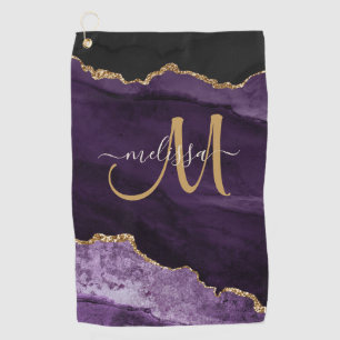 Chic Purple Gold Glitter Agate Custom Monogram Golf Towel