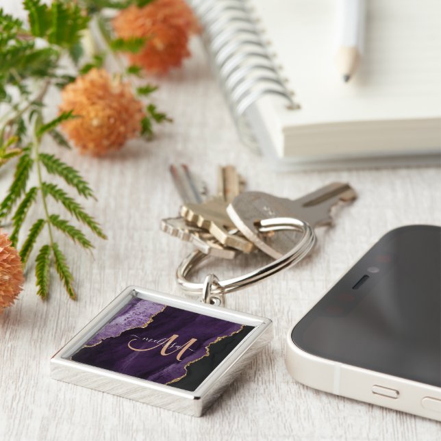 Chic Purple Gold Glitter Agate Custom Monogram Key Ring (Side)
