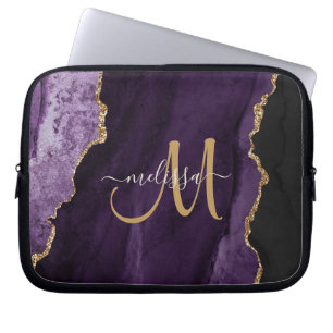 Chic Purple Gold Glitter Agate Custom Monogram Laptop Sleeve