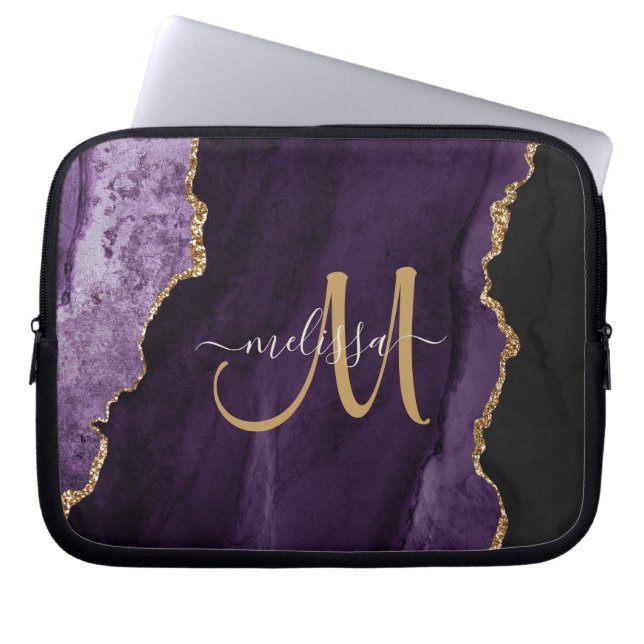 Chic Purple Gold Glitter Agate Custom Monogram Laptop Sleeve (Front)
