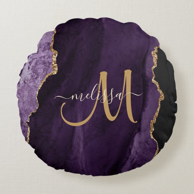 Chic Purple Gold Glitter Agate Custom Monogram Round Cushion (Front)