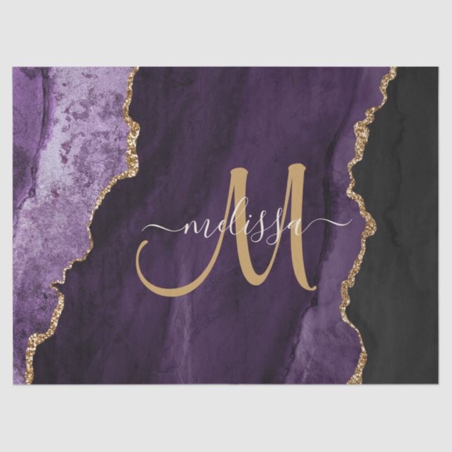 Chic Purple Gold Glitter Agate Custom Monogram Tissue Paper (Front)