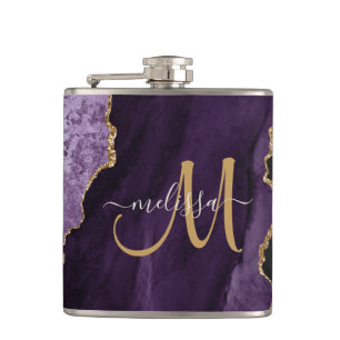 Chic Purple Gold Glitter Agate Monogram Name Hip Flask