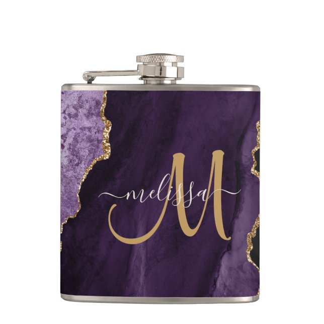 Chic Purple Gold Glitter Agate Monogram Name Hip Flask (Front)
