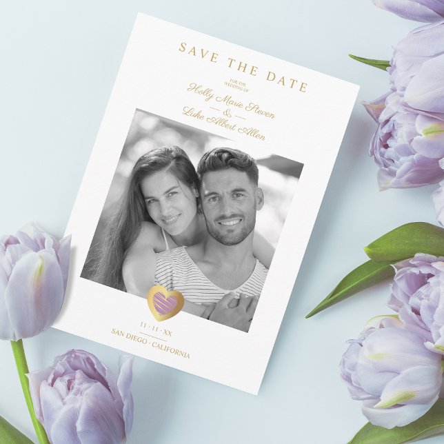 Chic Purple & Gold Heart Photo Couple Wedding Save The Date (Creator Uploaded)