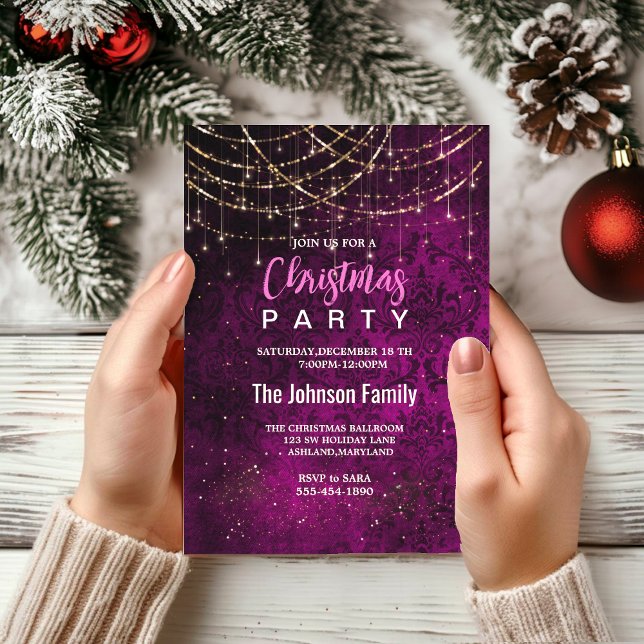 Chic purple gold holiday lights Christmas  Invitation (Creator Uploaded)