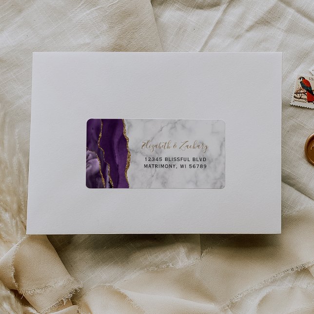 Chic Purple Gold Marble Wedding RSVP Self-Address Label (Creator Uploaded)