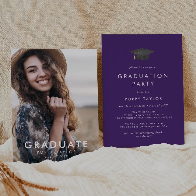 Chic Purple Grad Cap Photo Graduation Party Invitation (Creator Uploaded)